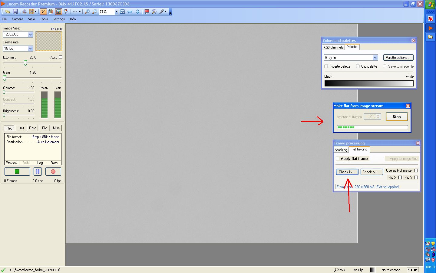 lucam recorder recording the flat-field